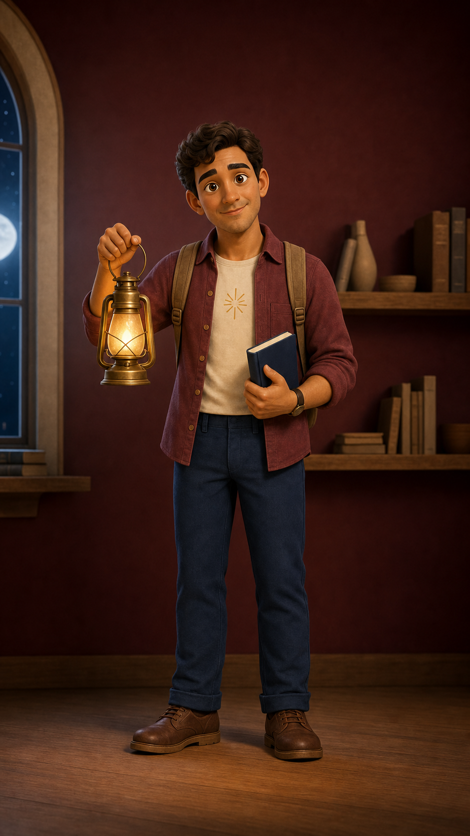 Theo, o Peregrino, com seu caderno e uma lanterna